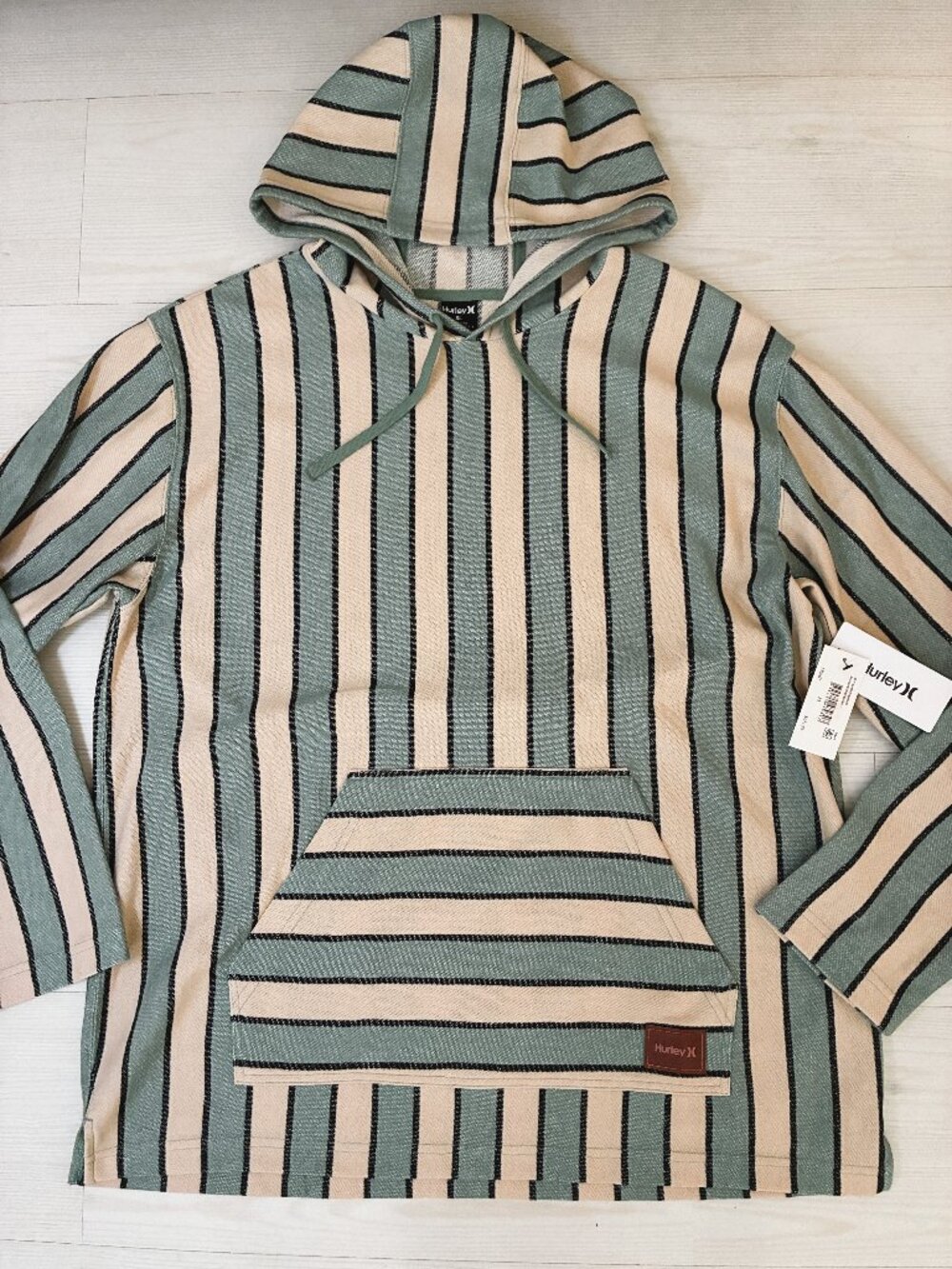 NWT Hurley Men's OG Hooded Poncho Surf Hoodie Stripe Green Beige Size XL